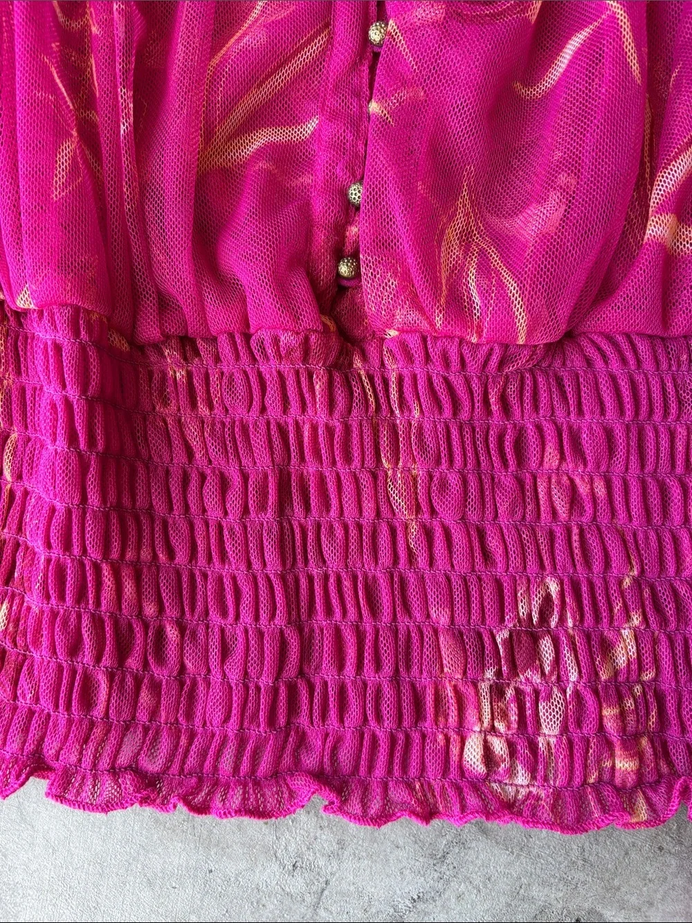 Free People Fuchsia Floral Mesh Smocked Peasant Top Boho Fairycore Y2K size M